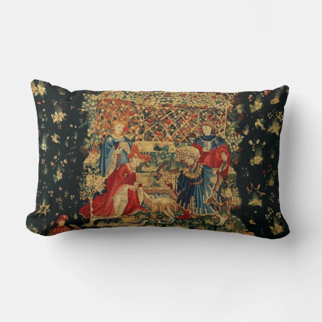FALCONS BATH Red Blue Antiek Medieval Tapestry Kussen (Voorkant)