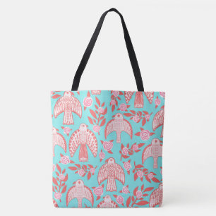 Falcons & Rozen Elegant geïllustreerd Blauw Roze Draagtas