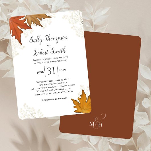 Fall Autumn Watercolor Leaves Wedding Custom Kaart