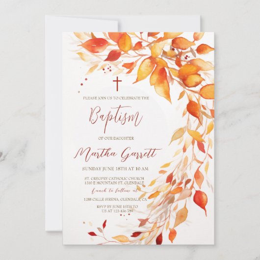 Fall Bladeren Geel en Rood Meisje Doop Kaart (Voorkant)