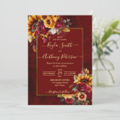 Fall bruiloft bogundy rozen gele zonnebloemen kaart (Staand voorkant)