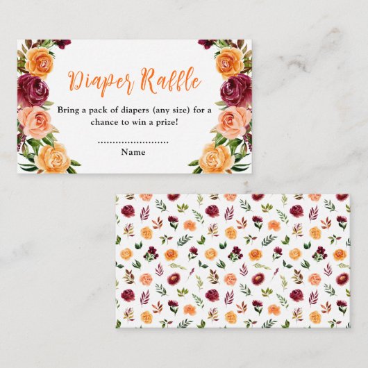 Fall Burgundy Orange Floral Baby Diaper Raffle Informatiekaartje (Voorkant / Achterkant)