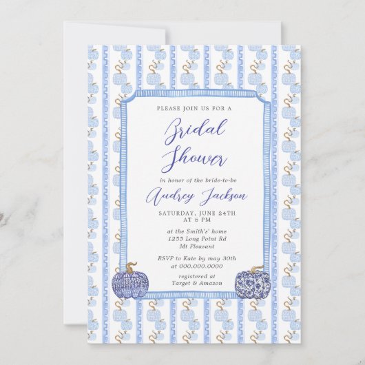 Fall Chinoiserie Blue Pumpkin Bridal Shower  Kaart (Voorkant)