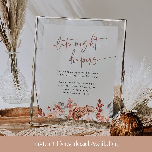 Fall Floral Baby Shower Late Night Diapers Sign Poster