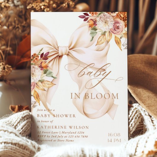 Fall Floral Bow Baby Shower Invitation Kaart