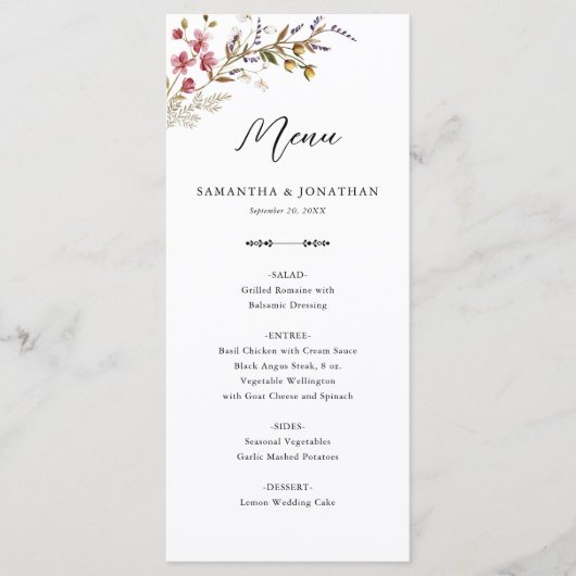 Fall Floral Wildflowers Wedding Reception Menu (Devant)