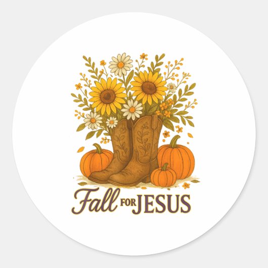 Fall For Jesus Western Boots Pumpkin Floral Faith Ronde Sticker (Voorkant)
