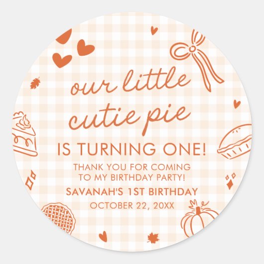 Fall Hand Drawn A Little Cutie Pie 1st Birthday Ronde Sticker (Voorkant)