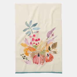 Fall Harvest Watercolor Pumpkin & Corn Basket Theedoek