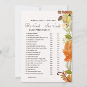 Fall He said she said Bridal shower game card Aankondiging (Voorkant)