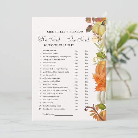 Fall He said she said Bridal shower game card Aankondiging (Staand voorkant)