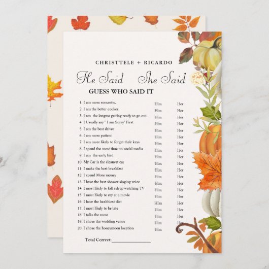 Fall He said she said Bridal shower game card Aankondiging (Voorkant / Achterkant)