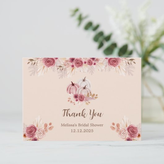 Fall In Love Boho Pink Pumpkin Bridal Shower  Kaart (Staand voorkant)
