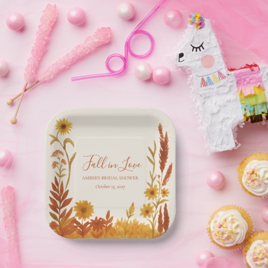 "Fall in Love" Bruiloft Feest Waterverf Bloemen Papieren Bordje (Feest)