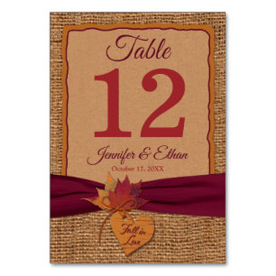 Fall in Love Burlap, carte de numéro de table Feui