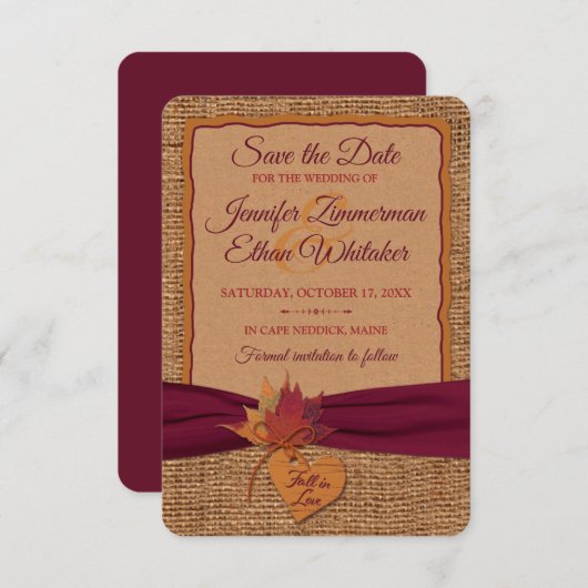 Fall in Love Burlap, Feuilles Save the Date (small (Devant / Derrière)