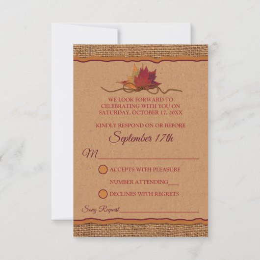Fall in Love Burlap, Mariage Feuille RSVP (Dos)