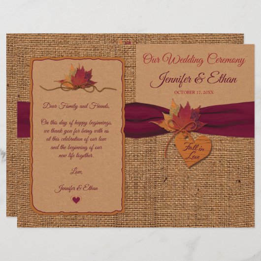 Fall in Love Burlap, Programme de mariage plié Feu (Devant / Derrière)