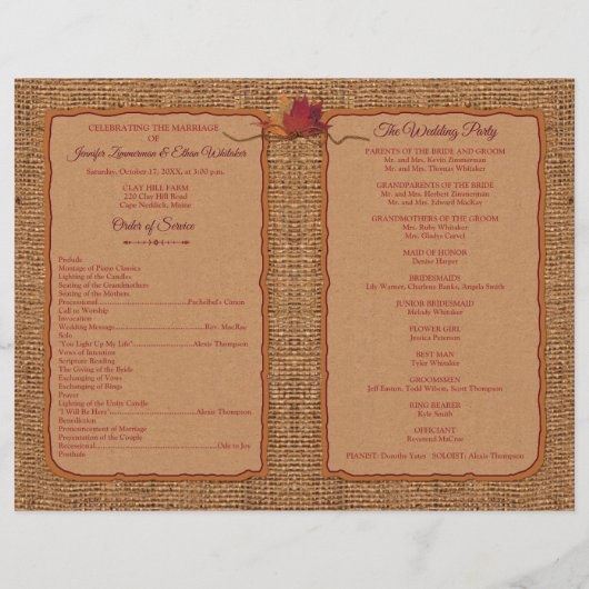 Fall in Love Burlap, Programme de mariage plié Feu (Dos)