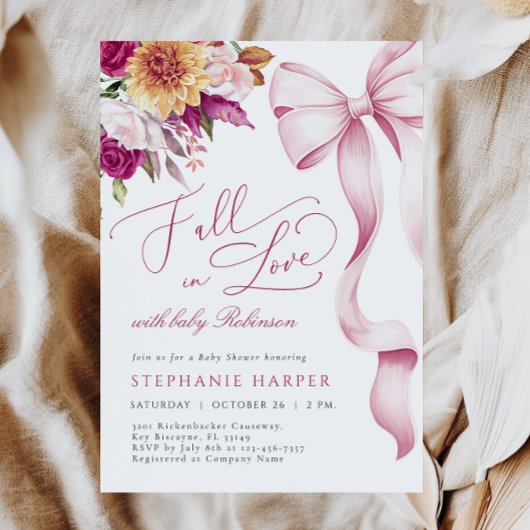 Fall in Love Pink Bow Baby Shower Invitation Kaart