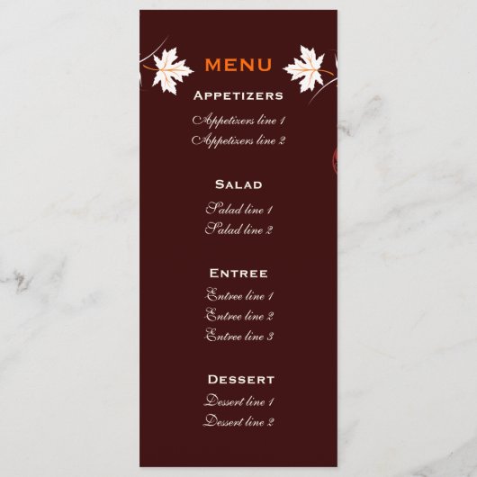 Fall laat oranje rode witte bruiloft menukaart (Achterkant)