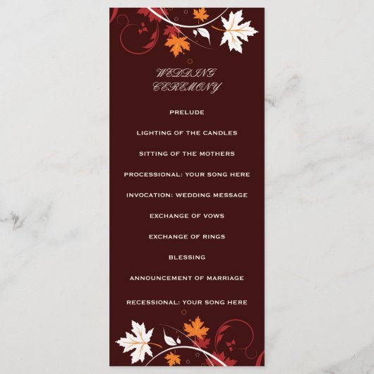 Fall laat oranje rood wit huwelijksprogramma achte programma (Achterkant)