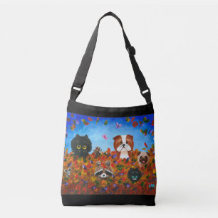 Fall Leaves Cats Dog Raccoon Art Crossbody Tas