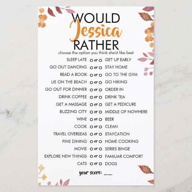 Fall Leaves Customisable Would She Rather Game (Voorkant)