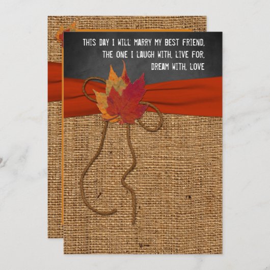 Fall Leaves FAUX Burlap, Chalkboard Wedding Invite Kaart (Voorkant / Achterkant)