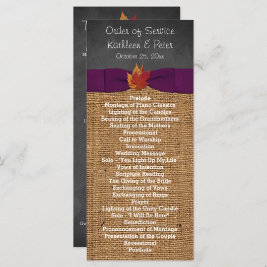 Fall Leaves FAUX Burlap Chalkboard Wedding Program Programma (Voorkant / Achterkant)