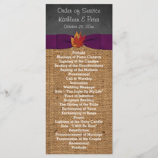 Fall Leaves FAUX Burlap Chalkboard Wedding Program Programma (Voorkant)