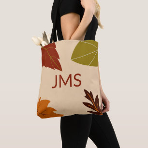 Fall Leaves Groen Bruin en Sinaasappel Monogram Draagtas