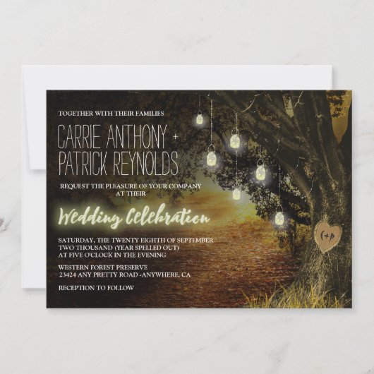 Fall Leaves Mason Jar Oak Tree Huwelijksuitnodigin Kaart (Voorkant)