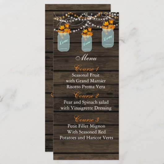 Fall Leaves Mason Jar Wedding Menu Kaarten (Voorkant / Achterkant)
