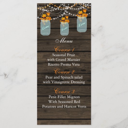Fall Leaves Mason Jar Wedding Menu Kaarten (Voorkant)