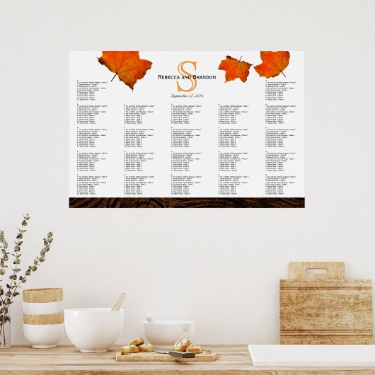 Fall Leaves Monogram Wood Wedding Seding Chart Poster (Keuken)