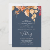 Fall Leaves | Navy Blue & Burgundy Wedding Kaart (Voorkant)