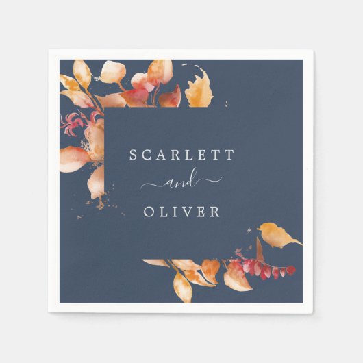 Fall Leaves | Navy Blue & Burgundy Wedding Servet (Voorkant)