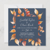 Fall Leaves | Navy Blue en Burgundy Square Weddens Kaart (Voorkant)