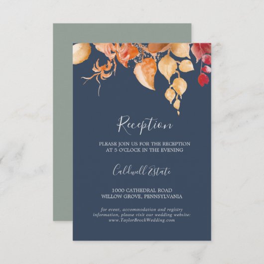 Fall Leaves | Navy Blue Reception Insert Kaart (Voorkant / Achterkant)