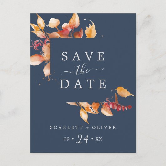 Fall Leaves | Navy Blue Save the Date Briefkaart (Voorkant)