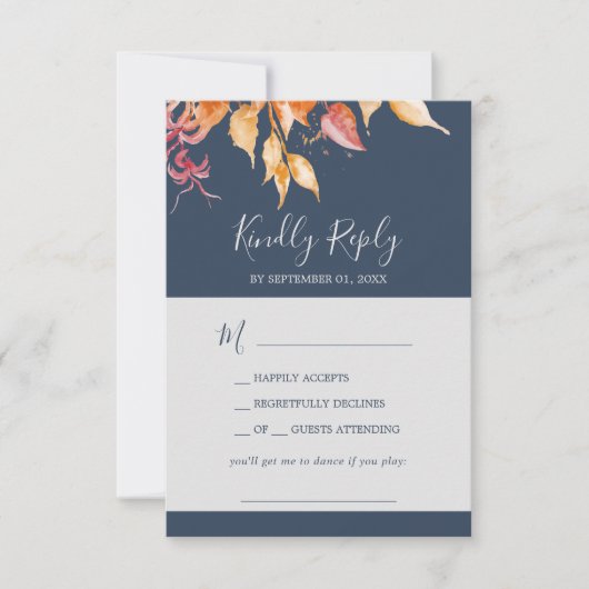 Fall Leaves | Navy Blue Song Request RSVP Card (Voorkant)