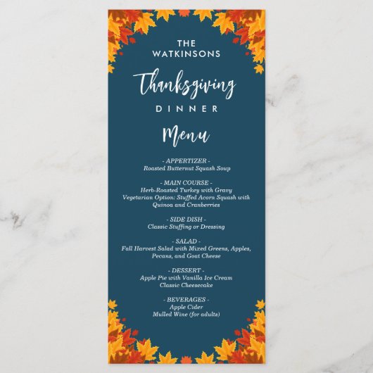 Fall Leaves Navy Blue Thanksgiving Menu (Voorkant)