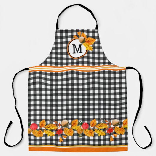 Fall Leaves op Black Gingham Monogrammed Schort (Voorkant)
