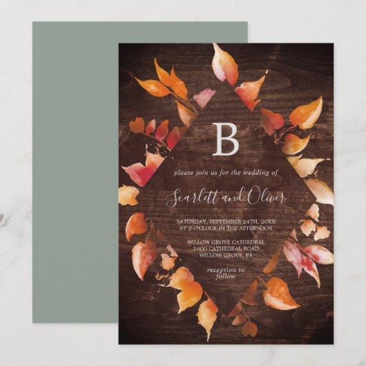 Fall Leaves | Rustic Brown Wood Diamond Weddenscha Kaart (Voorkant / Achterkant)