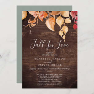 Fall Leaves Rustic Brown Wood Herfst in Love Weddi Kaart