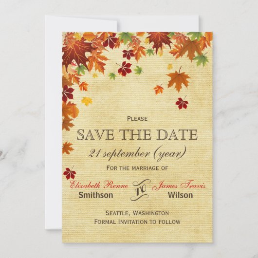 Fall Leaves Rustic Wedding Save The Date (Voorkant)