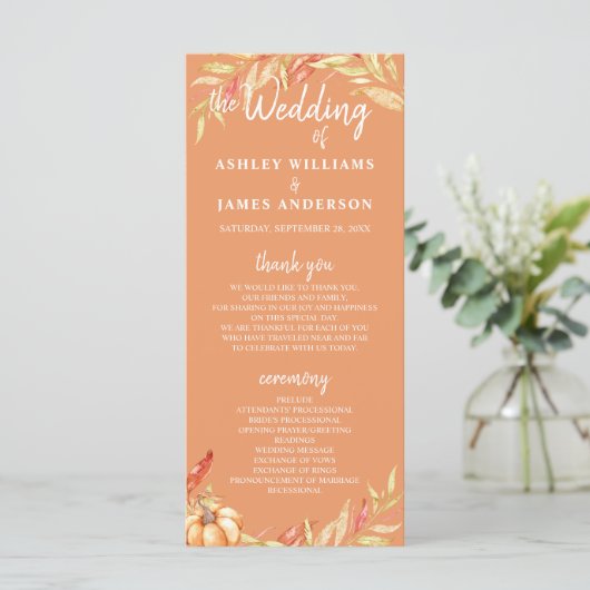 Fall Love Golden Foliage Orange Wedding Programme (Debout devant)