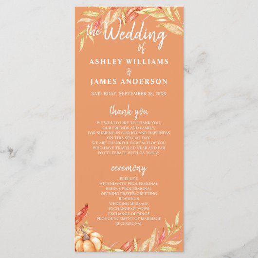 Fall Love Golden Foliage Orange Wedding Programme (Devant)