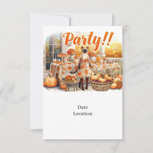 Fall Party Invitation Card for Siamese Cat Lovers (Devant)